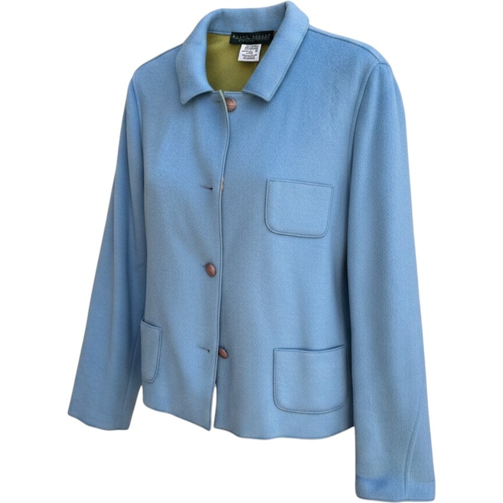 Harve Benard Blue Wool Blend Button Front Jacket Coat Chartreuse Lining Size 16
